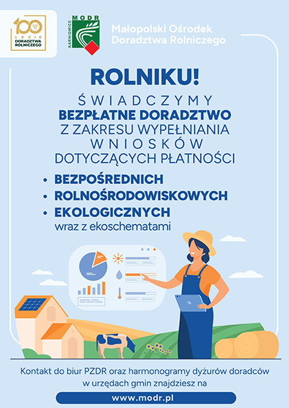 Plakat przedstawia Rolnika i domki na wsi oraz logo Małopolskiego Oddziału Doradztwa Rolniczego