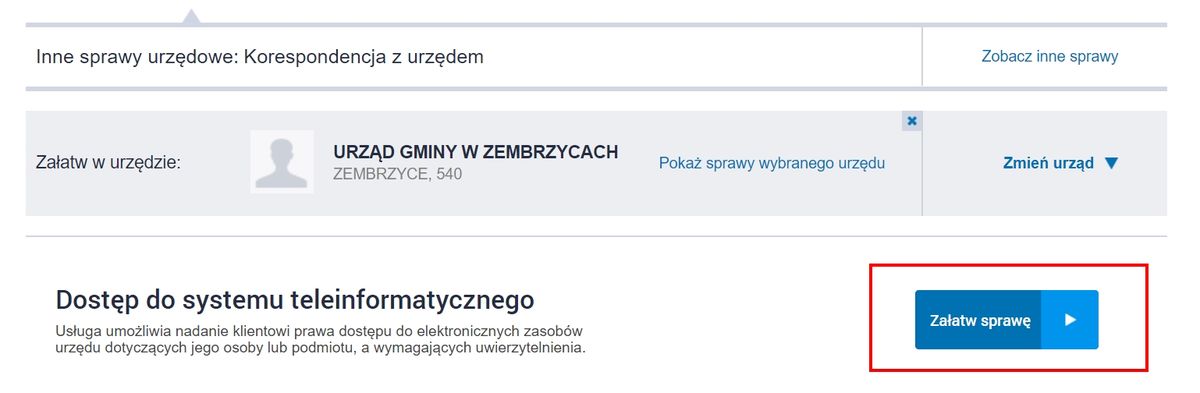 Grafika przedstawia widok strony www usług elektronicznych Gminy Zembrzyce