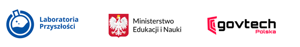Logo programu Laboratoria Przyszłości. Logo Ministerstwa Edukacji i Nauki. Logo govtech Polska.