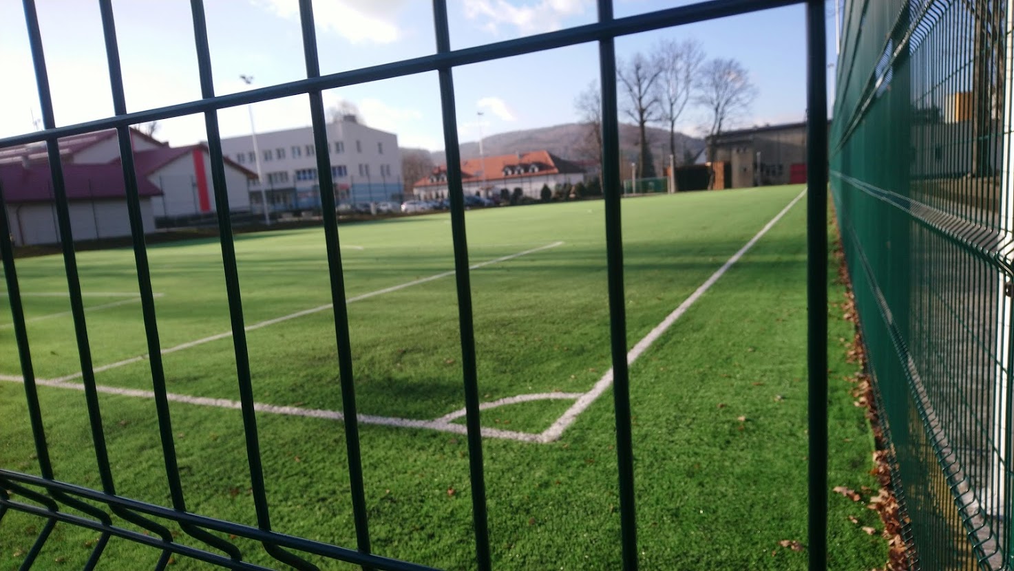 Fotografia przedstawia boisko piłkarskie ze sztuczną nawierzchnią