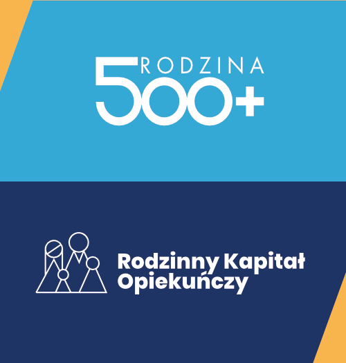 Zdjęcie przedstawia logo Programu Rodzina 500+ na niebieskim tle oraz logo RKO na granatowym tle.