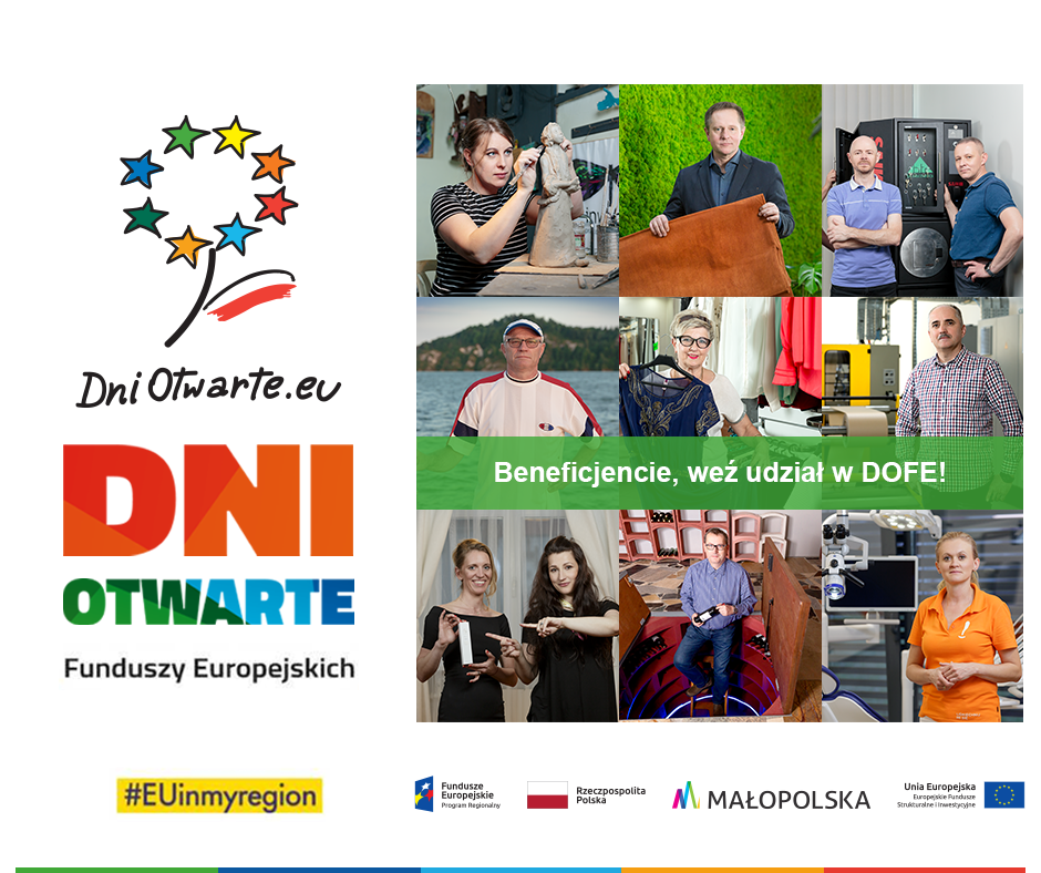 Plakat przedstawia zdjęcia różnych osób oraz informacje o dniach otwartych funduszy europejskich,