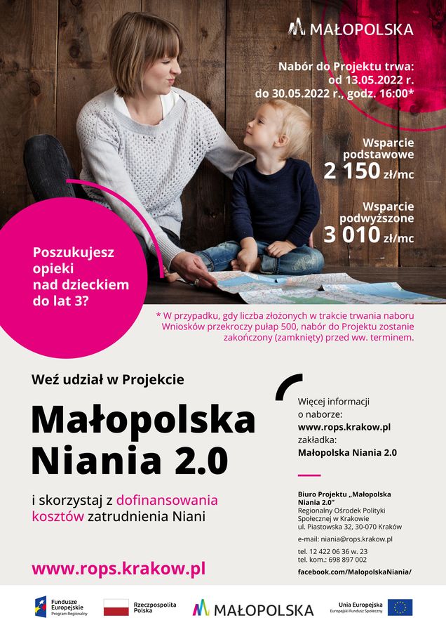 Plakat przedstawia matkę z dzieckiem i informacje na temat programu w języku polskim.