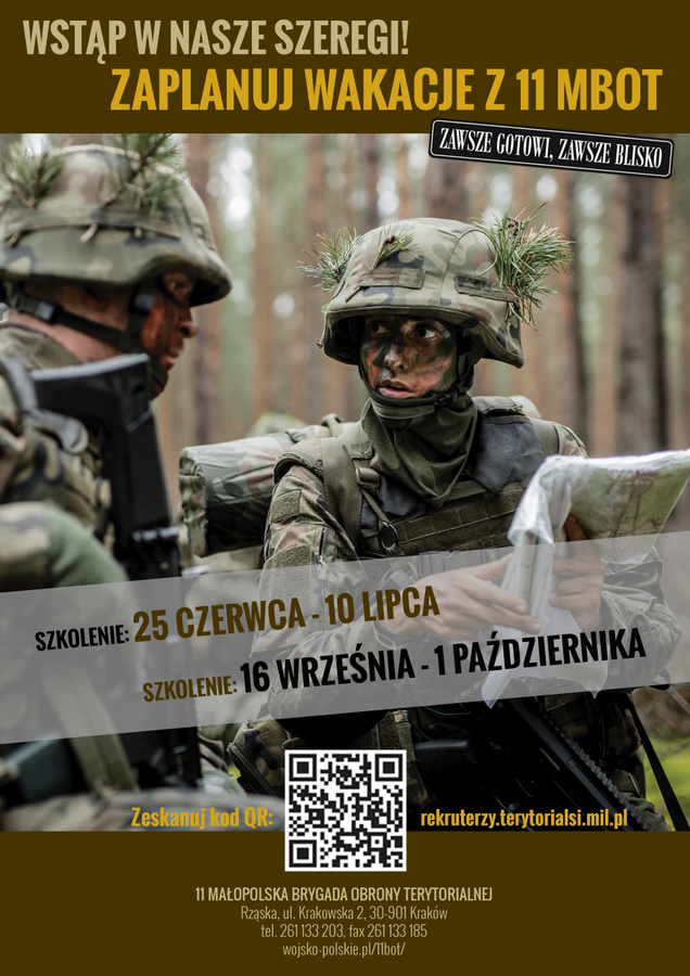 Plakat przedstawia żołnierzy oraz informacje o szkoleniach.