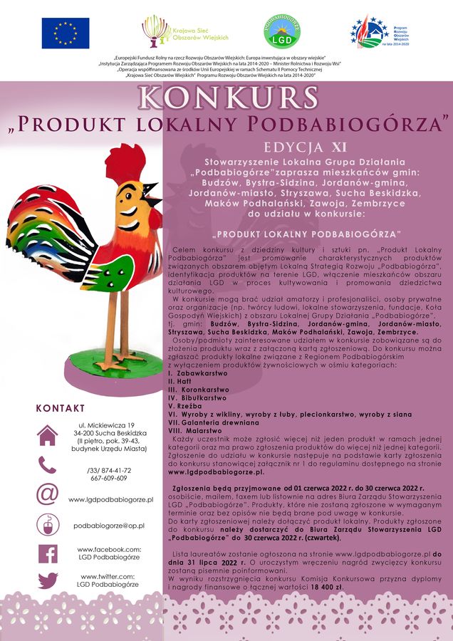 Plakat przedstawia informacje o konkursie Produkt Lokalny Podbabiogórza. W tle kogut.