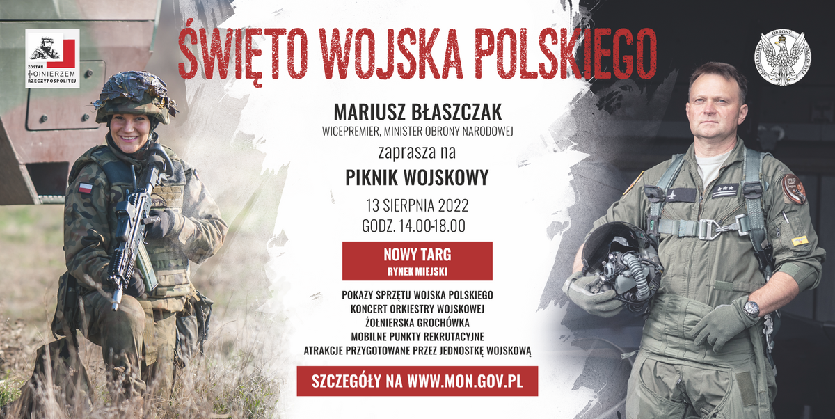 Zdjęcie przedstawia dwóch żołnierzy i informacje o święcie wojska polskiego.