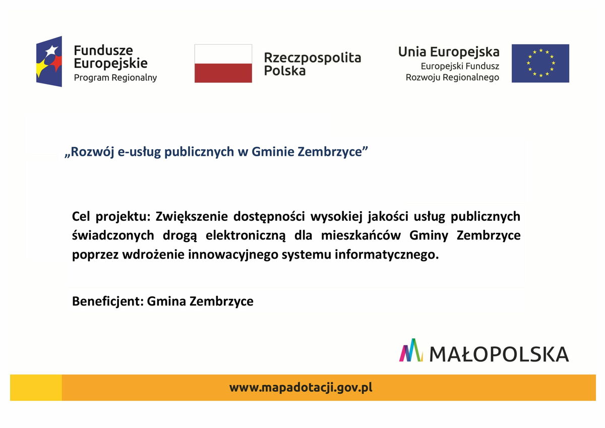 Grafika przedstawia tablicę informacyjną o realizacji projektu cyfryzacji Urzędu Gminy ze środków Regionalnego Programu Operacyjnego Województwa Małopolskiego