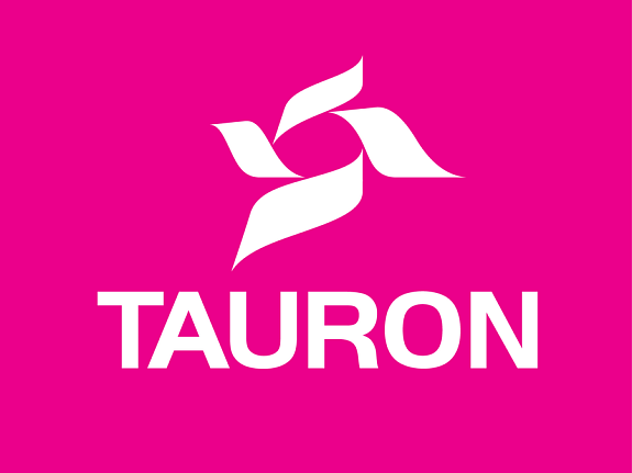 Logo Tauron białe na różowym tle